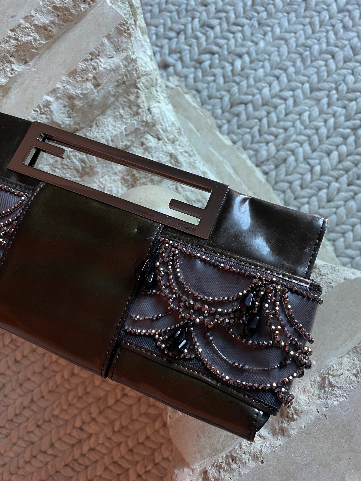 Fendi Black Patent Leather Beaded Clutch
