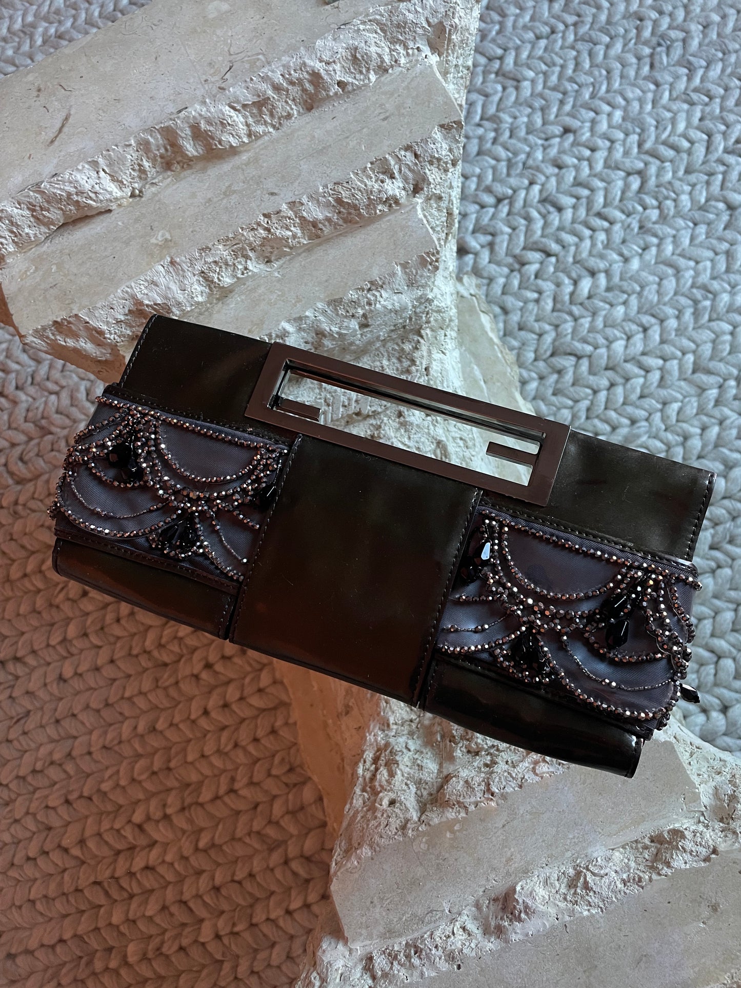 Fendi Black Patent Leather Beaded Clutch