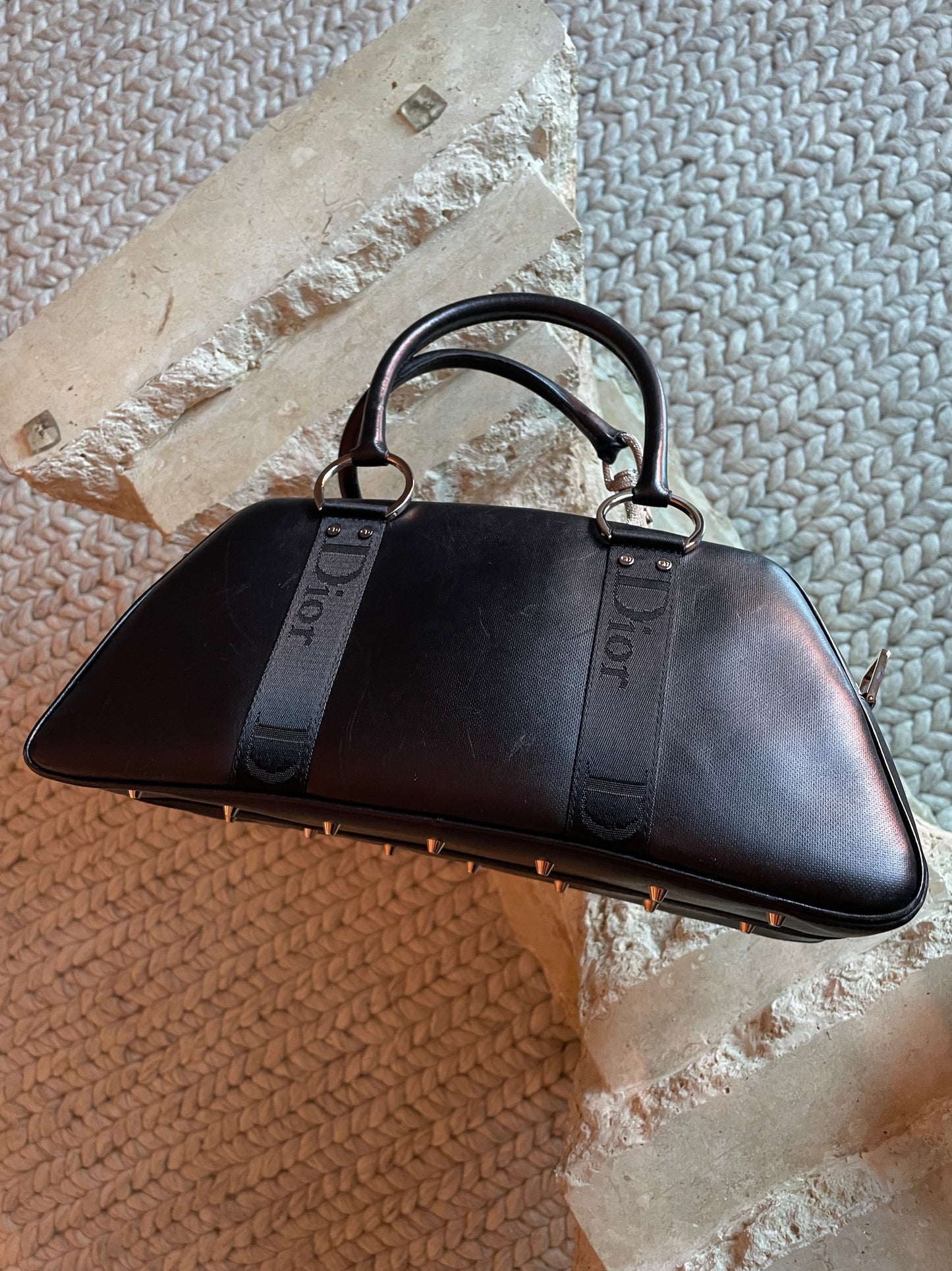 Dior Hardcore Black Leather Crystal Hook Bowling Bag