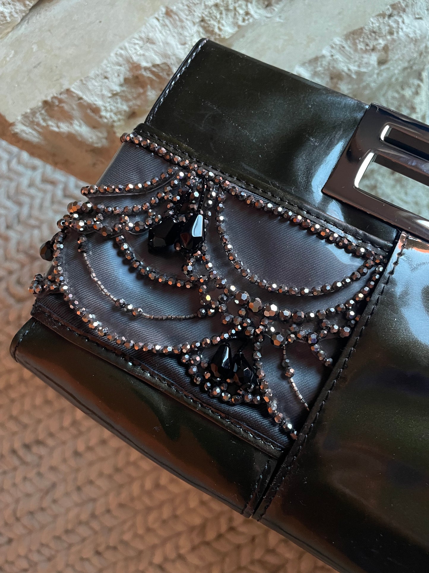 Fendi Black Patent Leather Beaded Clutch