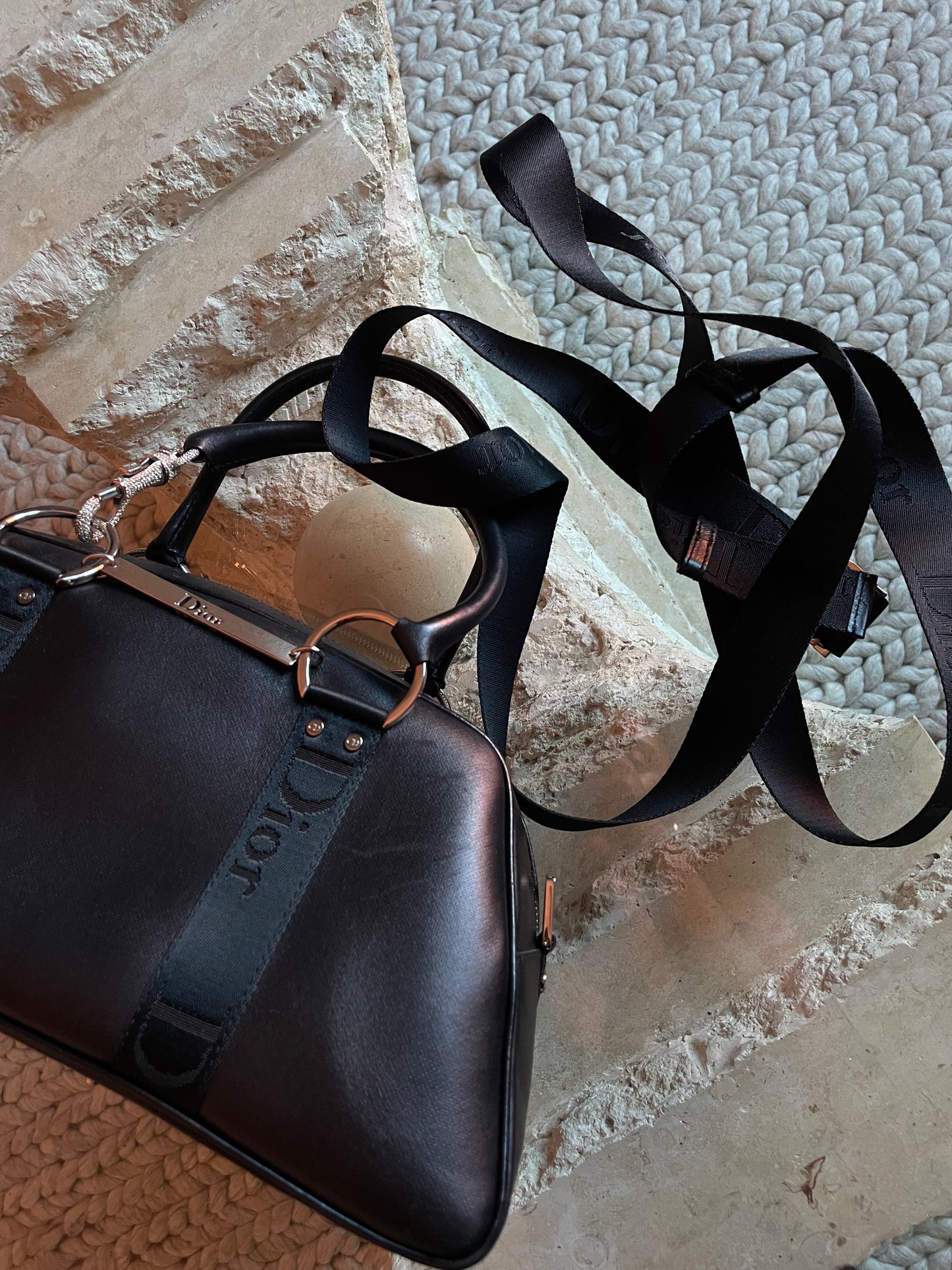 Dior Hardcore Black Leather Crystal Hook Bowling Bag