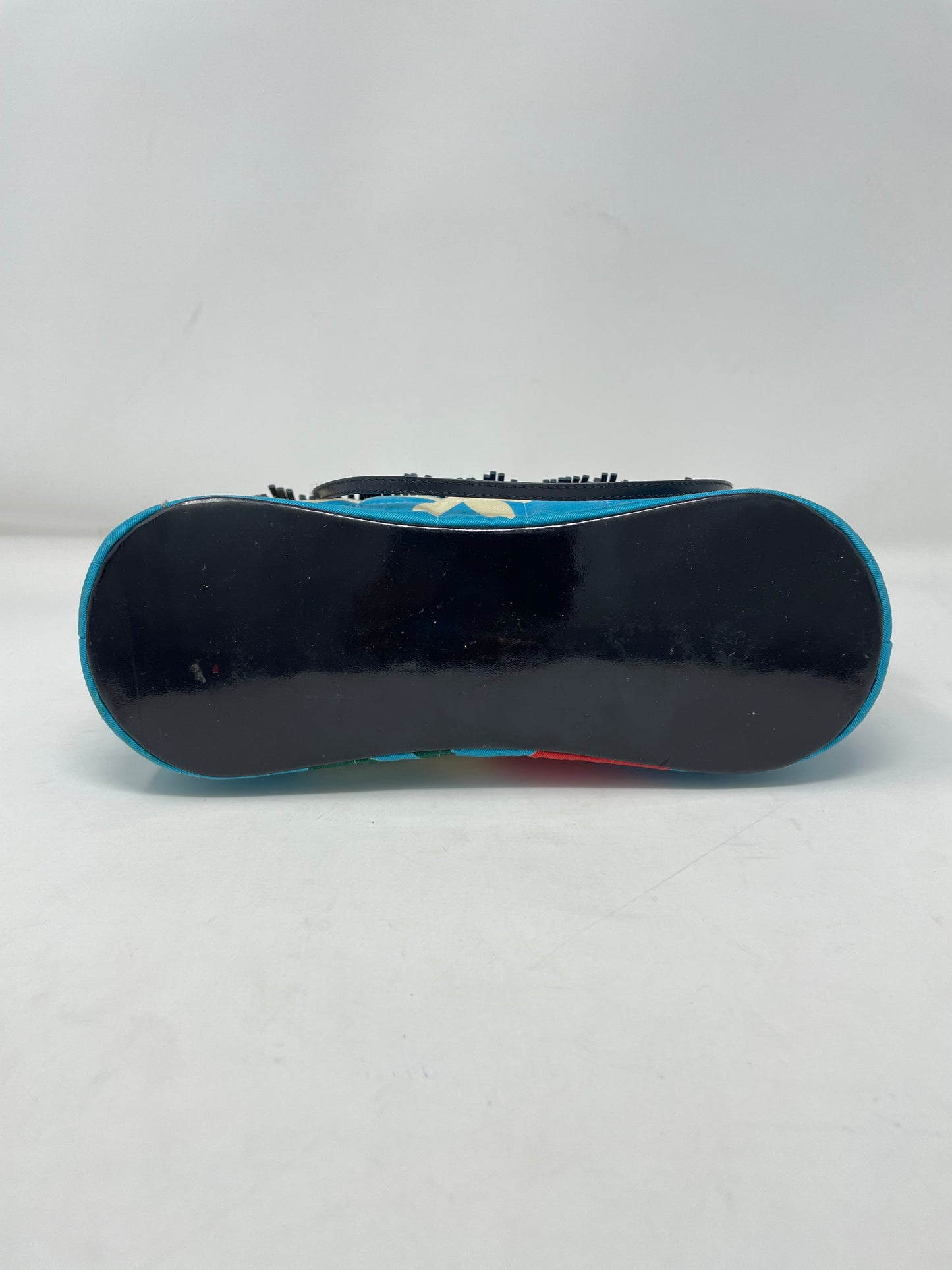 Chanel Mini Blue Quilted Canvas Patent Leather Fringe Bag