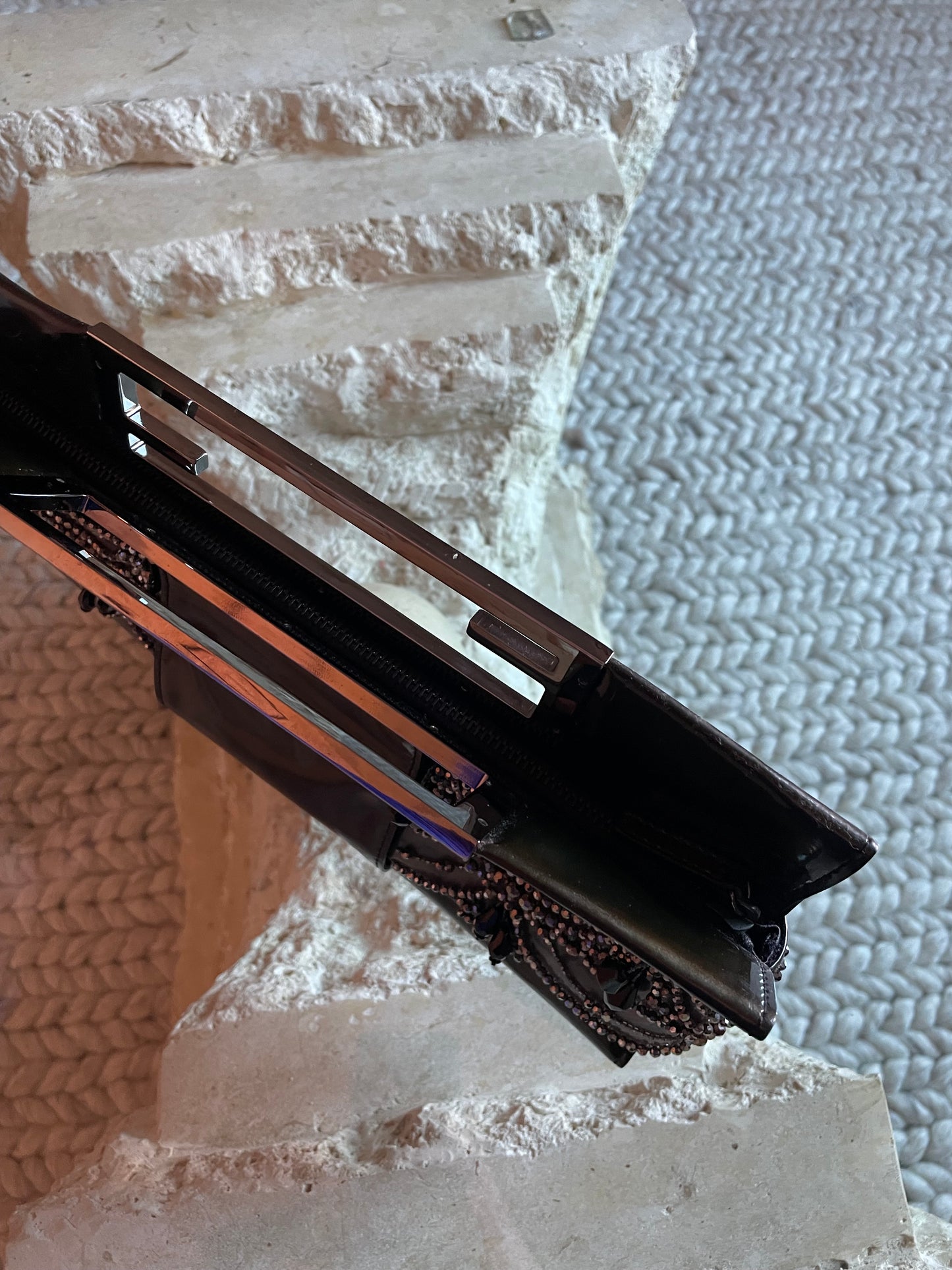 Fendi Black Patent Leather Beaded Clutch