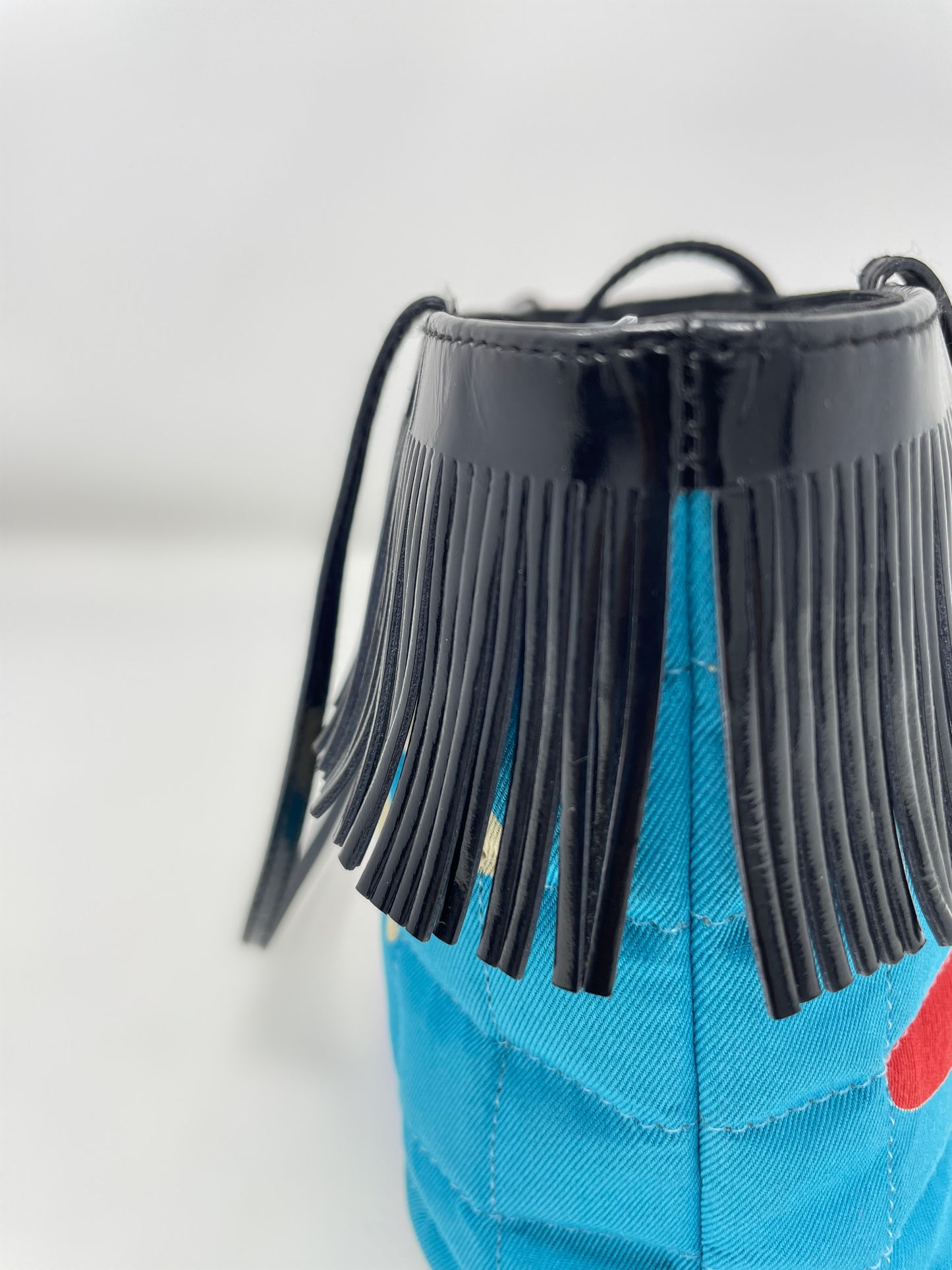 Chanel Mini Blue Quilted Canvas Patent Leather Fringe Bag