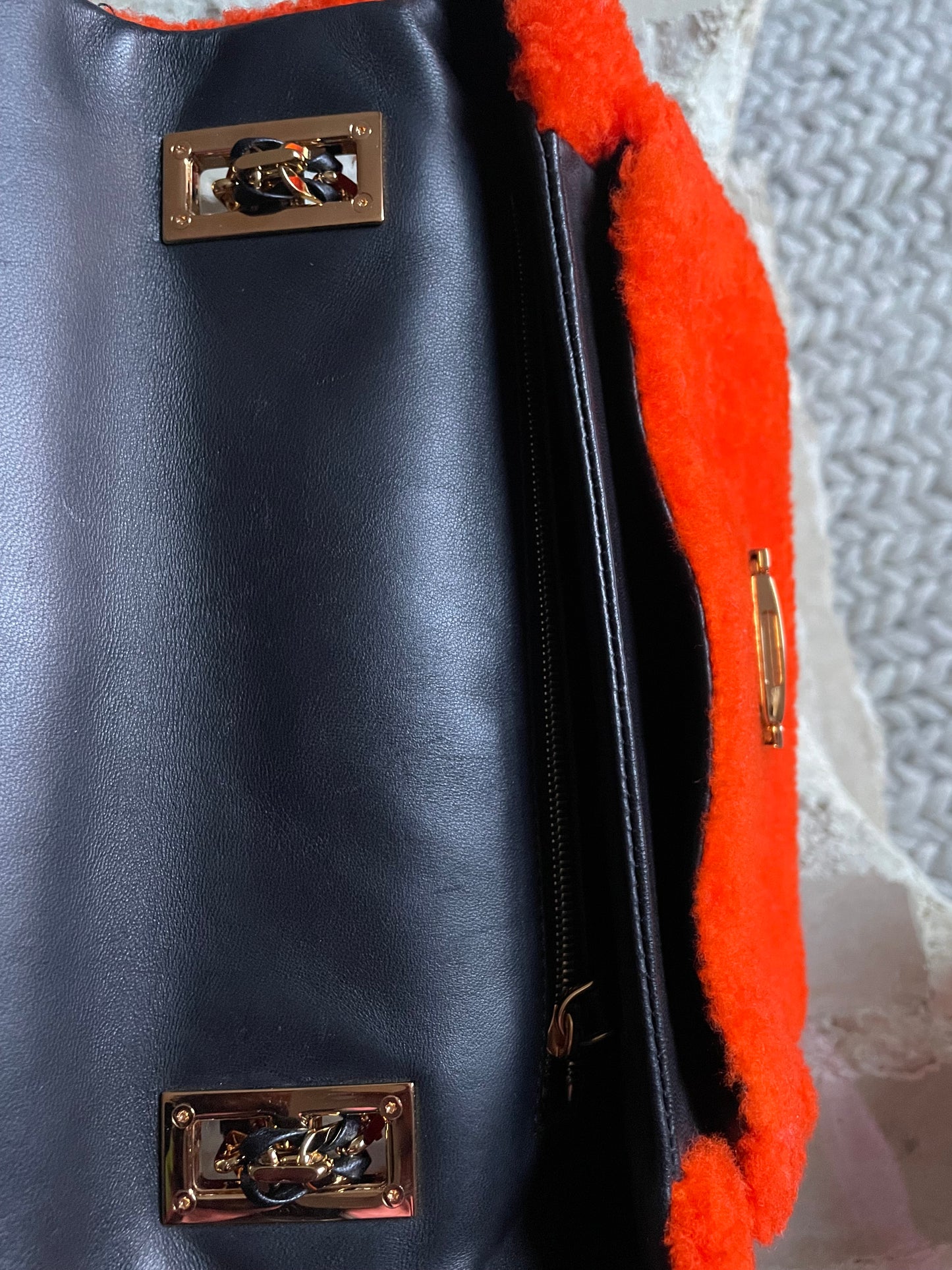 Fendi Shearling Nappa Mini Be Orange Baguette Shoulder Bag