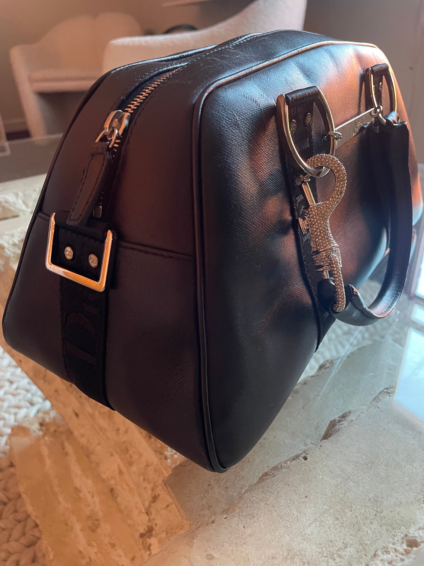 Dior Hardcore Black Leather Crystal Hook Bowling Bag