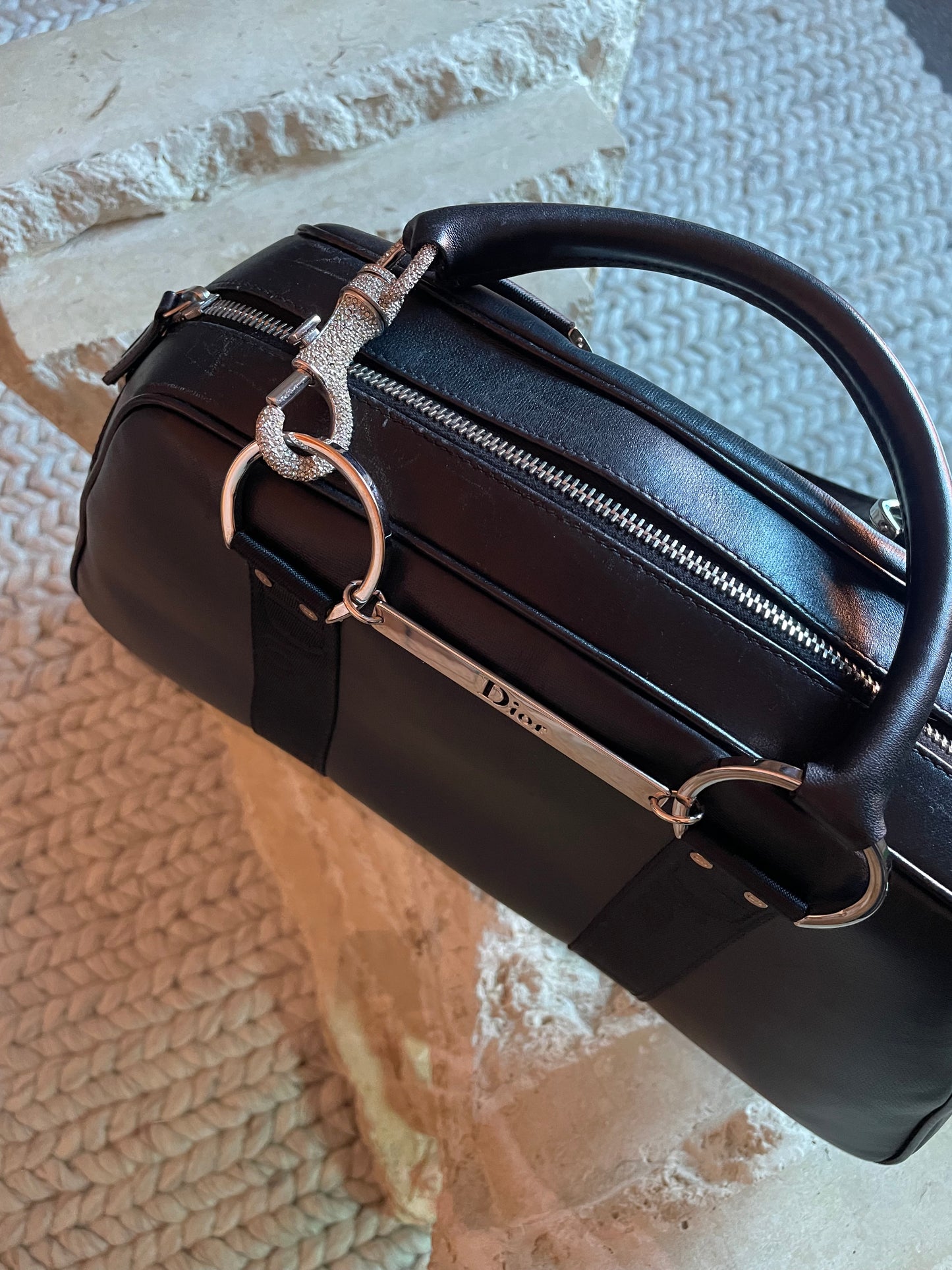 Dior Hardcore Black Leather Crystal Hook Bowling Bag