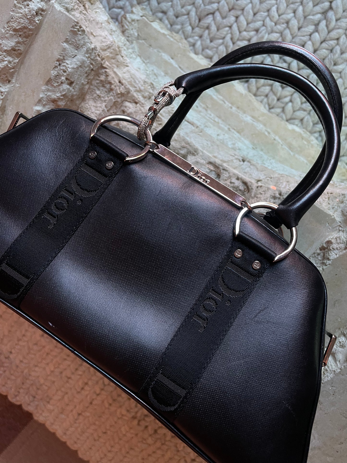 Dior Hardcore Black Leather Crystal Hook Bowling Bag