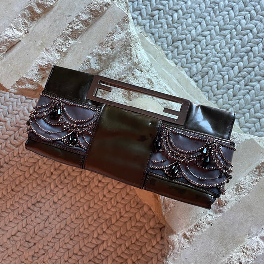 Fendi Black Patent Leather Beaded Clutch