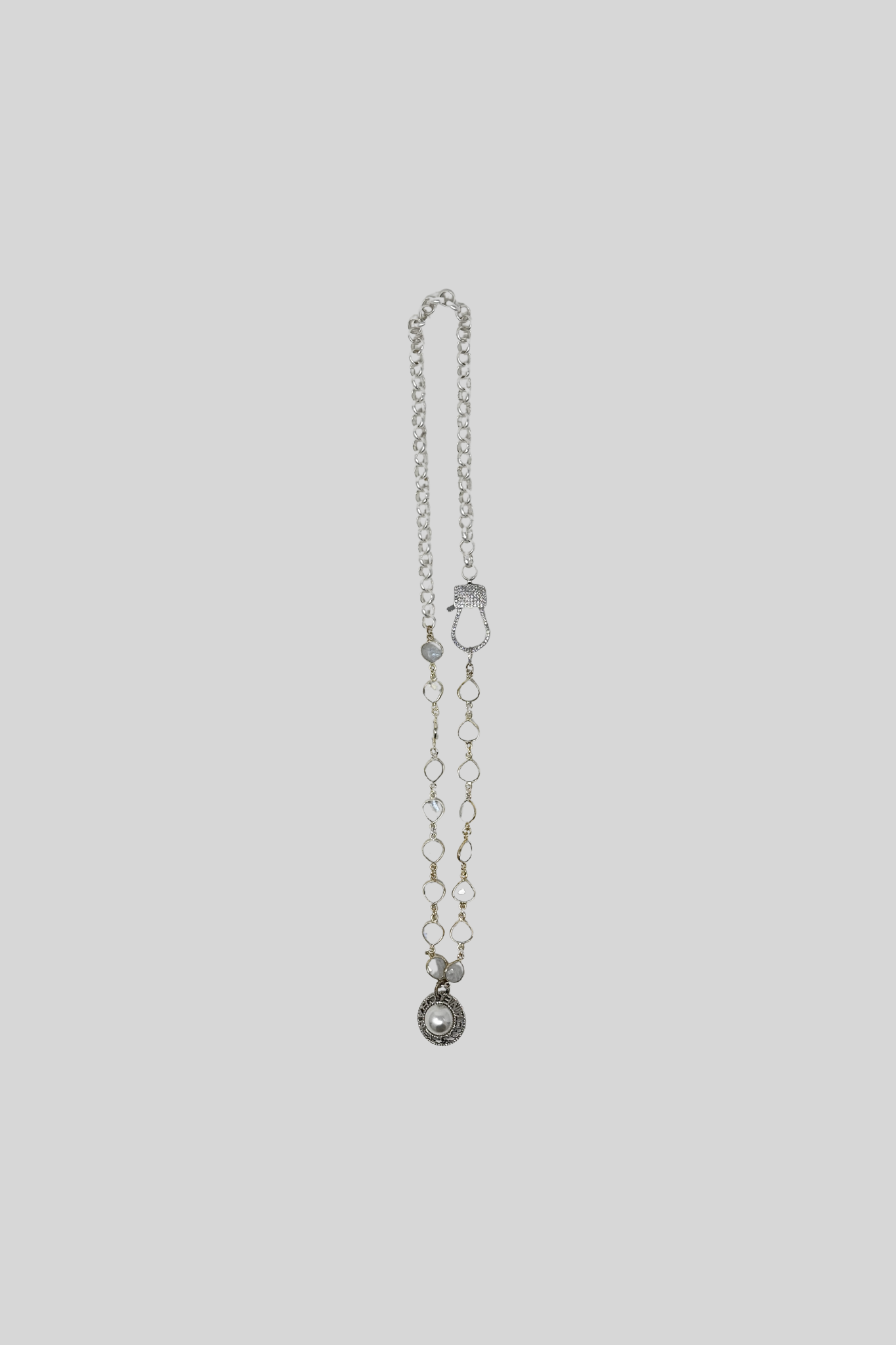 Vintage Silver Chanel Pearl Button on Rainbow Moon Stone 24" Chain