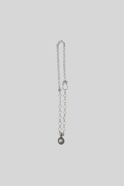 Vintage Silver Chanel Pearl Button on Rainbow Moon Stone 24" Chain