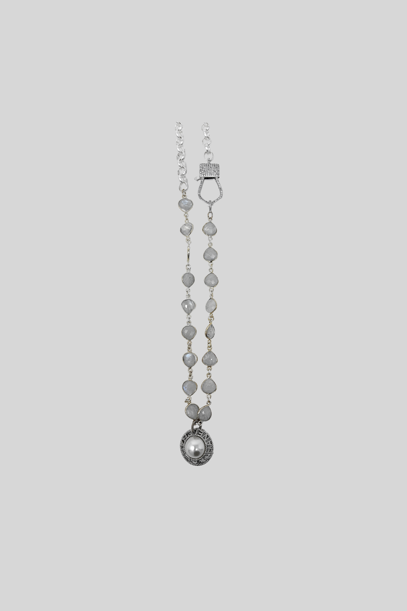 Vintage Silver Chanel Pearl Button on Rainbow Moon Stone 24" Chain