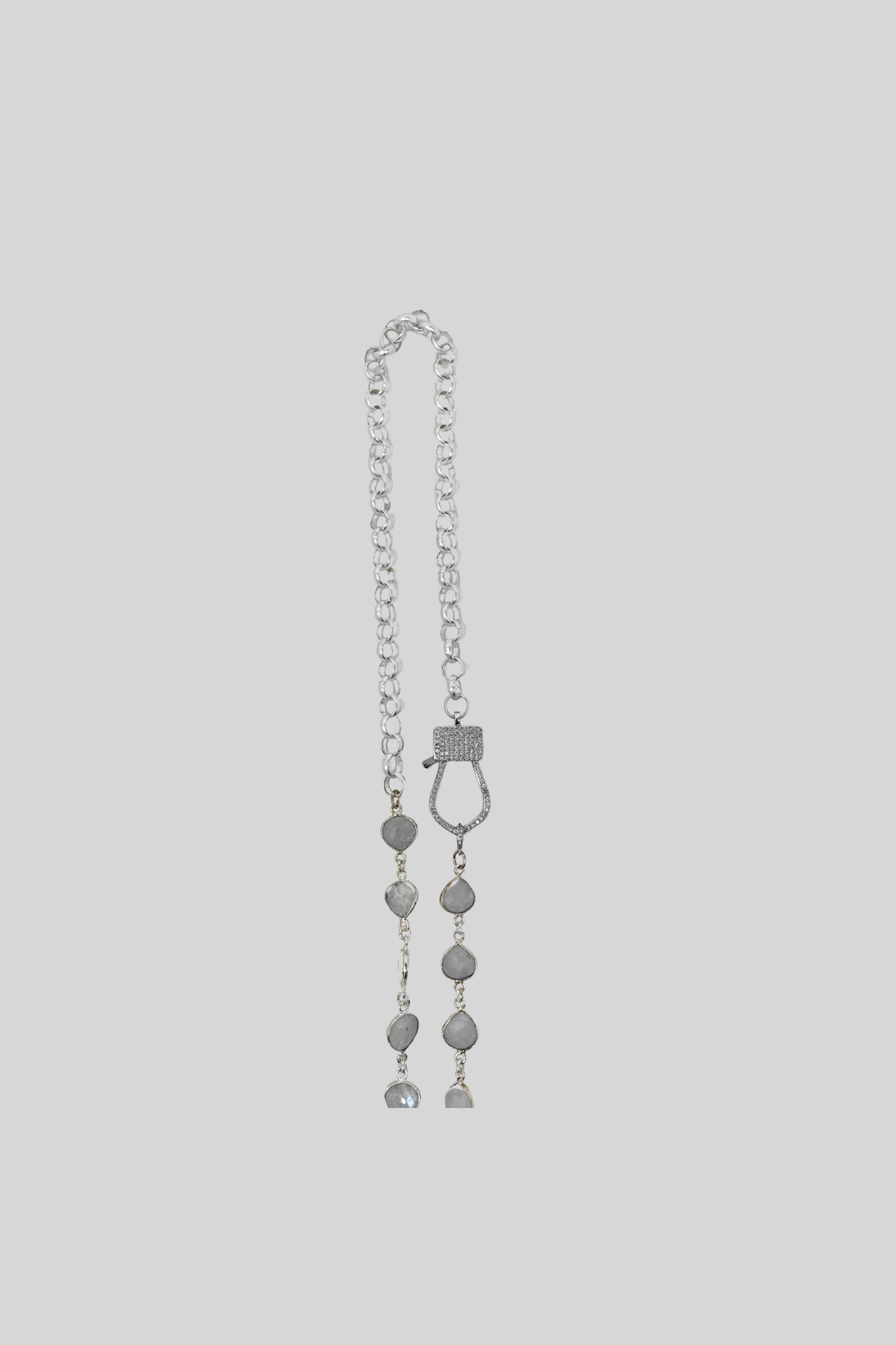 Vintage Silver Chanel Pearl Button on Rainbow Moon Stone 24" Chain