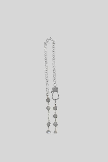 Vintage Silver Chanel Pearl Button on Rainbow Moon Stone 24" Chain