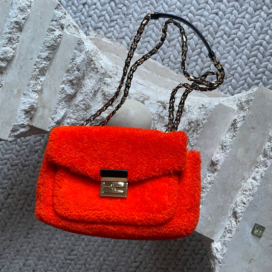 Fendi Shearling Nappa Mini Be Orange Baguette Shoulder Bag