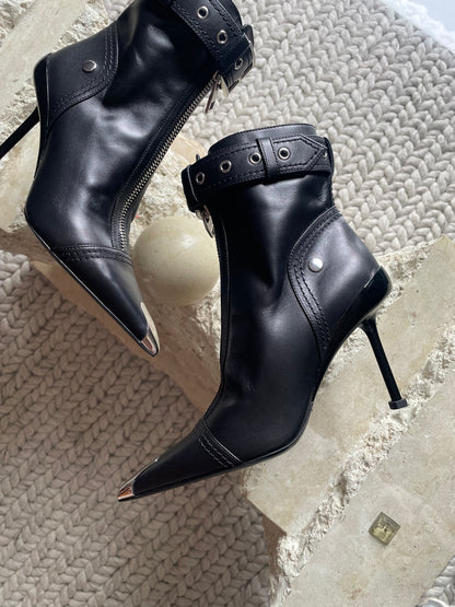 Alexander McQueen Leather Buckle-Cuff Stiletto Moto Booties