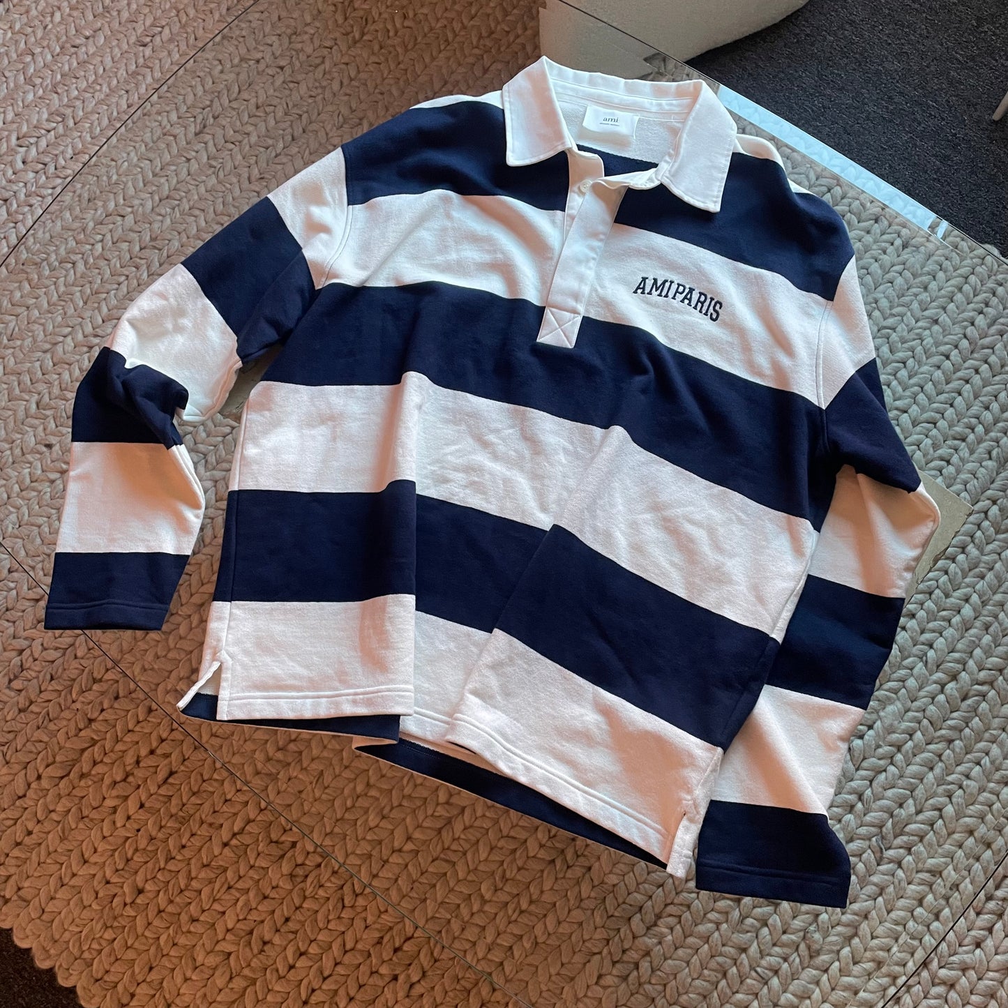 Ami Paris White & Navy Stripe Polo