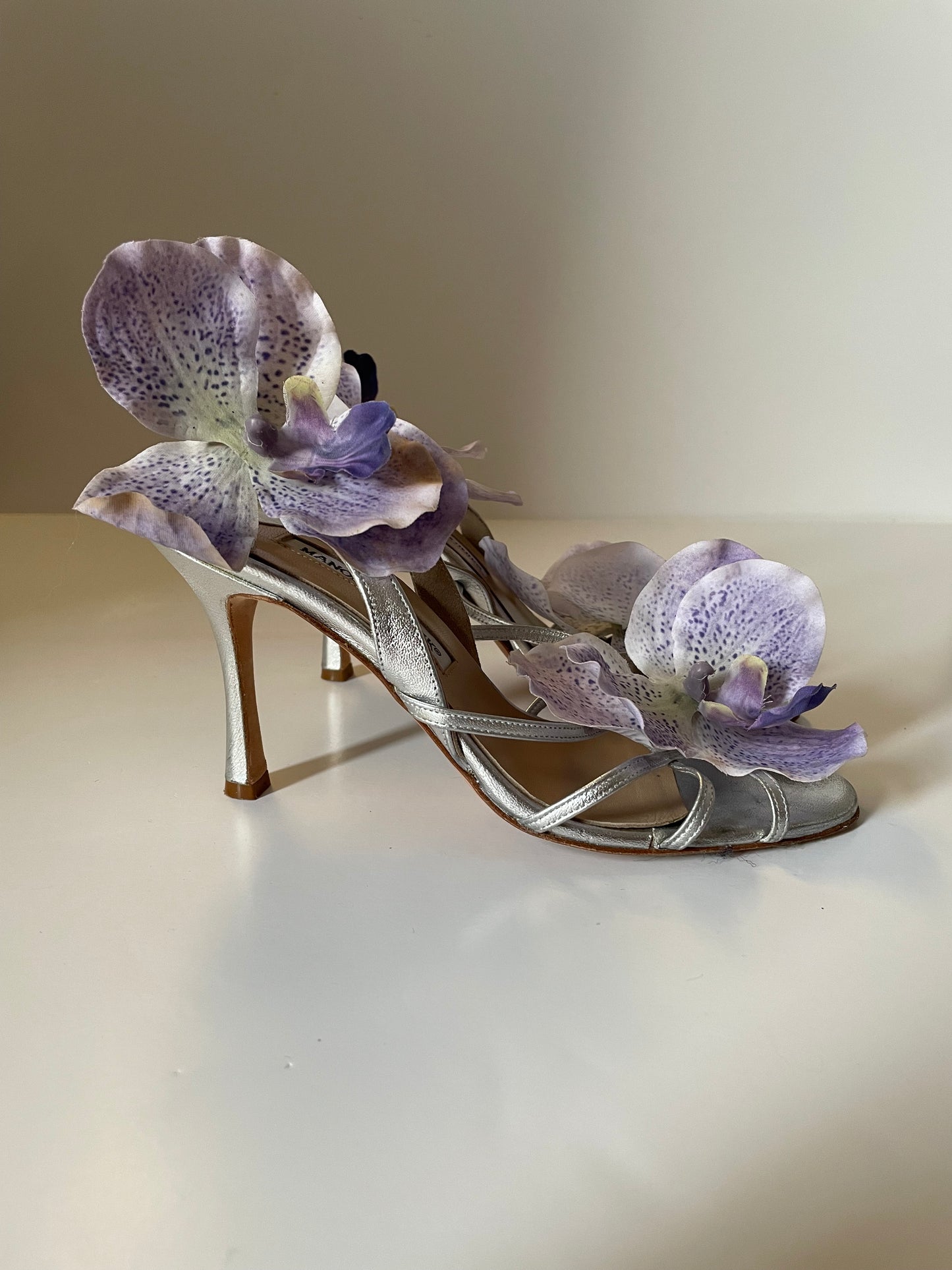 Manolo Blahnik Silver Flower Sandals