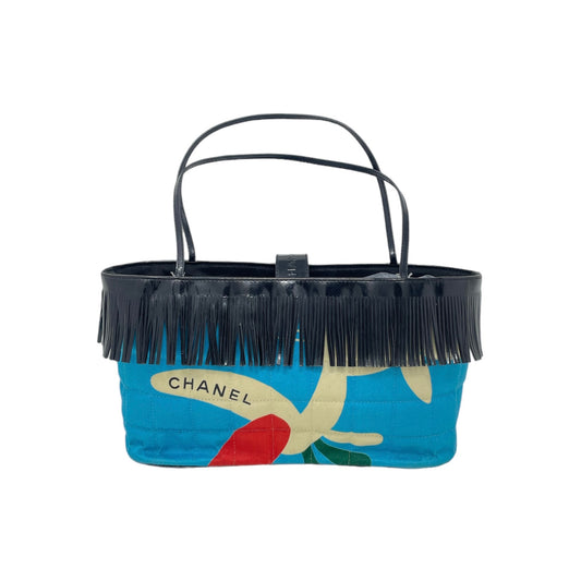 Chanel Mini Blue Quilted Canvas Patent Leather Fringe Bag