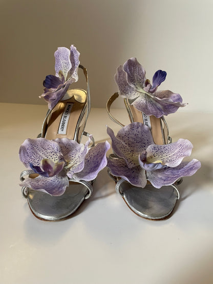 Manolo Blahnik Silver Flower Sandals